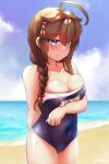  1girl ahoge arthur_ko bangs bare_arms bare_legs bare_shoulders beach blue_eyes blue_one-piece_swimsuit blush braid breasts brown_hair cleavage closed_mouth clothes_pull collarbone cowboy_shot day hair_between_eyes hair_flaps highres jewelry kantai_collection large_breasts long_hair name_tag ocean one-piece_swimsuit one-piece_swimsuit_pull ring school_swimsuit shigure_(kancolle) shigure_kai_ni_(kancolle) single_braid solo swimsuit twitter_username wedding_ring 