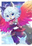  1girl :3 :d ahoge animal_ear_fluff animal_ears bangs black_pants black_sleeves blue_eyes blush breasts brown_shirt character_request commentary_request commission crop_top detached_sleeves fang feathered_wings full_body furry furry_female gradient_wings grey_hair hair_between_eyes kou_hiyoyo long_sleeves looking_at_viewer medium_breasts midriff multicolored_wings navel pants pants_under_skirt plaid plaid_skirt pleated_skirt red_skirt red_wings second_life shirt skeb_commission skirt sleeveless sleeveless_shirt smile solo tail wings yellow_wings 