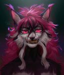  2022 absurd_res anthro black_body black_eyebrows black_fur bust_portrait dated eyebrows eyelashes fangs felid female front_view fur hair hi_res looking_at_viewer mammal marie_merkh orange_teeth pink_eyes pink_hair portrait solo teeth whiskers white_body white_fur 