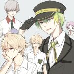  4boys alina_gray ayano_rika bangs black_gloves black_headwear black_necktie black_vest blonde_hair blue_eyes boyano chibi chuuou_academy_school_uniform closed_eyes closed_mouth collared_shirt cross_tie earrings genderswap genderswap_(ftm) gloves green_hair hand_on_own_chin hat isuzu_ren jewelry kamihama_university_affiliated_school_uniform long_sleeves magia_record:_mahou_shoujo_madoka_magica_gaiden mahou_shoujo_madoka_magica male_focus misono_karin multicolored_hair multiple_boys multiple_views necktie open_mouth peaked_cap purple_hair red_eyes sakae_general_school_uniform school_uniform shirt short_hair simple_background smile streaked_hair v vest white_shirt 