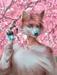  anthro artist_name black_claws blue_eyes blue_nose blue_pawpads bust_portrait canid claws clothed clothing female finger_claws fingerpads front_view fur glistening glistening_eyes hair hi_res looking_at_viewer mammal marie_merkh mouth_closed orange_body orange_fur pawpads pink_body pink_fur pink_hair portrait signature solo white_body white_fur 