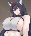  1girl :q absurdres animal_ear_fluff animal_ears arknights bare_shoulders black_hair blaze_(arknights) blue_eyes breasts cat_ears commentary crop_top hair_between_eyes hairband highres huge_breasts kanta_(kanta_077) long_hair midriff red_hairband smile solo stomach tank_top tongue tongue_out upper_body very_long_hair white_tank_top 