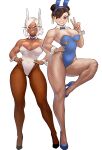  2girls animal_ears bangs bare_shoulders black_footwear blue_bow blue_bowtie blue_footwear blue_leotard boku_no_hero_academia bow bowtie breasts brown_eyes brown_hair chun-li cleavage covered_navel dark-skinned_female dark_skin detached_collar double_bun earrings fake_animal_ears fishnet_pantyhose fishnets full_body gold_trim grin hair_bun hand_on_hip hands_on_hips high_heels highleg highleg_leotard highres jewelry knee_up large_breasts legs leotard long_eyelashes looking_at_viewer mirko multiple_girls muscular muscular_female one_eye_closed pantyhose parted_bangs playboy_bunny purple_bow purple_bowtie purple_trim rabbit_ears rabbit_girl red_eyes short_hair smile standing standing_on_one_leg strapless strapless_leotard street_fighter thick_thighs thighs toned v white_background white_hair white_leotard wrist_cuffs zukululuu 