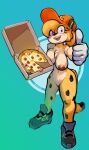  anthro areola blonde_hair braces breasts cheetah clothing fan_character felid feline female food footwear gesture gloves hair handwear hat headgear headwear hi_res latchk3y looking_at_viewer mammal mostly_nude navel nipples open_mouth open_smile pizza pizza_box purple_eyes shoes smile solo spazz_the_cheetah_(theenfman) thumbs_up 