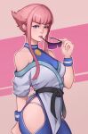  1girl bare_shoulders blue_eyes dougi eyewear_in_mouth highres hime_cut hip_vent holding holding_eyewear manon_(street_fighter) martial_arts_belt mouth_hold pink_hair sleepy_korok street_fighter street_fighter_6 sunglasses wristband 