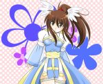  1girl 2000s_(style) :o arch_bishop_(ragnarok_online) bangs blue_dress blush breasts brown_eyes brown_hair cleavage_cutout clothing_cutout commentary_request cowboy_shot cross dress expressionless feathered_wings fishnet_thighhighs fishnets frilled_thighhighs frills hair_between_eyes head_wings high_ponytail juliet_sleeves long_hair long_sleeves looking_at_viewer lowres medium_breasts open_mouth pelvic_curtain pink_background polka_dot polka_dot_background puffy_sleeves ragnarok_online sash solo suzunari_ayana thighhighs two-tone_dress white_dress white_thighhighs white_wings wings yellow_sash 