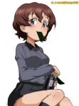  1girl akaboshi_koume artist_name bangs black_skirt black_socks blue_eyes brown_hair closed_mouth commentary dress_shirt food_in_mouth girls_und_panzer grey_shirt holding_thermos kayabakoro kuromorimine_school_uniform long_sleeves looking_at_viewer miniskirt nori_(seaweed) pleated_skirt school_uniform shirt short_hair simple_background sitting skirt smile socks solo twitter_username wavy_hair white_background wing_collar 