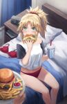  1girl bangs blonde_hair braid breasts burger eating fate/apocrypha fate_(series) food french_braid green_eyes highres long_hair looking_at_viewer mordred_(fate) mordred_(fate/apocrypha) parted_bangs ponytail shirt sidelocks small_breasts solo tonee 