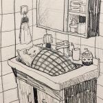  animal_focus bathroom blanket cactus cat container counter cup cupboard dawning_crow faucet greyscale handle highres lamp lying mirror monochrome on_side original pillow shelf sink sketch soap_dispenser toilet_paper toothbrush vanity 