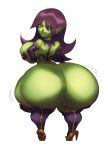  armwear big_breasts big_butt bottomless breasts butt clothed clothing dart_(thecon) female footwear goblin green_body hair hi_res high_heels huge_breasts huge_butt huge_hips huge_thighs humanoid humanoid_pointy_ears hyper hyper_butt legwear looking_at_viewer looking_back one_eye_closed purple_hair smile solo thick_thighs topwear undergroundj wide_hips yellow_eyes 