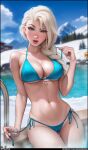  1girl aroma_sensei ass_visible_through_thighs bare_shoulders bikini bikini_pull blue_bikini blue_eyes blush braid breasts cleavage clothes_pull disney elsa_(frozen) frozen_(disney) highres hot_tub large_breasts lips looking_at_viewer makeup mascara mountain navel pink_lips raised_eyebrow sitting snow solo steam swimsuit thick_lips thick_thighs thigh_gap thighs underboob white_hair 