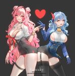  2girls ako_(blue_archive) bell black_skirt blue_archive blue_eyes blue_hair bracelet breasts curly_hair double_bun fake_nails garter_straps gloves gyaru hair_bun half_gloves highres horns jewelry kirara_(blue_archive) large_breasts multiple_girls nail_polish neck_bell necklace olga_korezky pink_eyes pink_hair red_ribbon ribbon sideboob skirt thick_thighs thigh_strap thighhighs thighs 