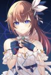  1girl :3 absurdres arm_garter black_shirt blue_eyes blue_gloves blue_ribbon blush breasts brown_hair cleavage commentary diamond_hair_ornament dress gloves hair_flaps hair_ornament hair_ribbon hairclip half_gloves hand_on_own_chest harusame349 highres hololive long_hair looking_at_viewer medium_breasts official_alternate_costume official_alternate_hairstyle open_mouth ribbon shirt solo star_(symbol) star_hair_ornament string string_of_fate tokino_sora underbust virtual_youtuber white_dress white_ribbon 
