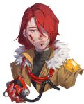  1other androgynous animification apex_legends bangs black_jacket black_sweater bloodhound_(apex_legends) blue_eyes braid chinese_commentary chongmingggg facepaint fur-trimmed_jacket fur_trim hair_over_one_eye highres holding holding_mask jacket long_hair mask other_focus portrait rebreather red_hair ribbed_sweater scar side_braid smile solo sweater white_background 