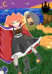  1girl :d absurdres alternate_costume arm_up belt black_dress blonde_hair boots bright_pupils cape castle cat cliff cloak commentary_request crescent_moon dress fangs fishnet_pantyhose fishnets frilled_dress frills grass grey_pantyhose gyari_(bird) halloween hand_up highres hikasa_tomoshika holding holding_lantern horizon jack-o&#039;-lantern lantern looking_down matsuta6 moon multicolored_hair night ocean open_mouth pantyhose purple_sky red_hair smile twintails two-tone_hair virtual_youtuber voms white_pupils yellow_eyes 