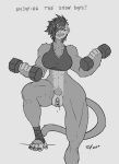  anthro big_clitoris bodily_fluids bottomless clitoris clothed clothing dumbbell exercise exercise_equipment female footwear gaping gaping_pussy genital_fluids genitals haplorhine hi_res looking_at_viewer mammal monkey one_eye_obstructed plump_labia primate pussy pussy_juice smile solo sweat text toby_art topwear weights 