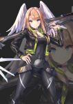  1girl absurdres bangs black_bodysuit black_choker black_jacket blue_eyes bodysuit breast_tattoo breasts brown_hair choker cleavage closed_mouth covered_navel eunie_(xenoblade) hakusai_(hksicabb) hand_on_hip head_wings highres holding holding_weapon hood jacket long_hair looking_at_viewer medium_breasts medium_hair open_clothes open_jacket smile solo tattoo weapon white_wings wings xenoblade_chronicles_(series) xenoblade_chronicles_3 