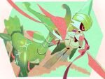  absurdres blurry border bow commentary day fukkatsu_no_maya grass highres holding iron_leaves iron_valiant outdoors pink_bow pink_eyes pokemon pokemon_(creature) sparkle standing symbol-only_commentary white_border 