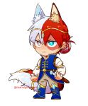  1boy alternate_hairstyle animal_ears blue_eyes blue_footwear blue_shirt boku_no_hero_academia boots braid brown_eyes burn_scar chibi closed_mouth commentary english_commentary fox_boy fox_ears fox_tail full_body heterochromia highres holding holding_sword holding_weapon kemonomimi_mode long_sleeves male_focus multicolored_hair official_alternate_costume pants red_hair scar scar_on_face shirt short_hair simple_background solo split-color_hair standing sword tail thatmightyheart todoroki_shouto two-tone_hair weapon white_background white_hair 