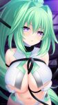  1girl blush breasts cleavage gloves green_hair green_heart highres irori_(irorixc) large_breasts long_hair looking_at_viewer navel neptune_(series) ponytail power_symbol purple_eyes restrained solo symbol-shaped_pupils very_long_hair white_gloves 