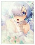  1girl :o bare_shoulders blue_eyes blue_hair border bouquet breasts cleavage collarbone dress elbow_gloves falling_petals film_grain flower from_above gloves hair_over_one_eye highres holding holding_bouquet jewelry looking_at_viewer medium_breasts necklace open_mouth pearl_necklace petals psyto_qy2 re:zero_kara_hajimeru_isekai_seikatsu red_lips rem_(re:zero) rose see-through short_hair solo strapless strapless_dress sunlight teeth upper_teeth_only wedding_dress white_border white_dress white_flower white_gloves white_rose 