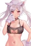  1girl :p animal_ears animal_hands asymmetrical_bangs bangs bell black_bra bra breasts cat_cutout cat_lingerie cat_paws clothing_cutout collarbone commentary fake_animal_ears fire_emblem fire_emblem_awakening fire_emblem_heroes gloves grima_(fire_emblem) haru_(nakajou-28) highres long_hair looking_at_viewer medium_breasts meme_attire navel neck_bell paw_gloves red_eyes robin_(female)_(fire_emblem) robin_(fire_emblem) solo tongue tongue_out twintails underwear white_background white_hair 