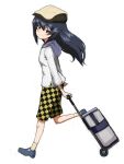  1girl bangs black_hair blouse blue_footwear brown_eyes casual checkered_shorts closed_mouth commentary flat_cap from_side girls_und_panzer hat hooded_shirt kayabakoro long_hair looking_at_viewer reizei_mako rolling_suitcase running shirt shoes shorts simple_background smile socks solo suitcase white_background white_headwear white_shirt white_socks yellow_shorts 