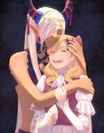  2girls :d babykatafan bare_arms bare_shoulders blue_background closed_eyes commentary fire_emblem fire_emblem_engage hair_over_one_eye highres horns hug long_hair long_sleeves marni_(fire_emblem) multiple_girls open_mouth pink_vest pointy_ears shirt smile upper_body very_long_hair vest white_hair white_shirt zephia_(fire_emblem) 
