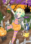  1girl absurdres amano_pikamee bare_tree black_gloves black_hairband blonde_hair boots candy castle cat collarbone colored_inner_hair commentary crescent_moon english_commentary fence food ghost gloves grass green_eyes green_hair gyari_(bird) hairband halloween highres holding jack-o&#039;-lantern kettle matsuta6 moon multicolored_hair night open_mouth orange_pantyhose orange_shirt pantyhose pointy_footwear puffy_short_sleeves puffy_sleeves pumpkin_pants purple_pantyhose purple_shirt sharp_teeth shirt short_hair short_sleeves standing standing_on_one_leg teeth throwing tree two-tone_hair virtual_youtuber voms witch 