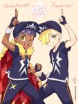  2boys :d anniversary argyle arm_up bangs blonde_hair cape clenched_hand closed_mouth commentary_request copyright_name cosplay dark-skinned_male dark_skin fingerless_gloves fur-trimmed_cape fur_trim gladion_(pokemon) gloves green_eyes hair_over_one_eye hat highres hop_(champion)_(pokemon) hop_(pokemon) hop_(pokemon)_(cosplay) index_finger_raised kinocopro male_focus multiple_boys official_alternate_costume open_mouth pants pokemon pokemon_(game) pokemon_masters_ex pokemon_sm purple_hair shirt short_hair short_sleeves smile teeth upper_teeth_only 