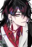  1boy absurdres ancoo_mm black_hair choker closed_mouth collared_shirt earrings eyeshadow floral_print formal hair_over_one_eye highres japanese_clothes jewelry kimono long_hair looking_at_viewer makeup male_focus multicolored_hair nijisanji nijisanji_en red_choker red_eyeshadow red_hair red_shirt shirt simple_background smile solo streaked_hair suit tassel tassel_earrings upper_body virtual_youtuber vox_akuma white_background white_suit yellow_eyes 