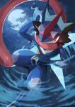  ash-greninja black_skin blue_skin cloud colored_skin full_moon greninja head_fins highres holding_shuriken looking_ahead moon multicolored_skin night night_sky pokemon pokemon_(creature) red_eyes red_skin sky solo standing standing_on_one_leg tesshii_(riza4828) tongue tongue_out v-shaped_eyebrows 