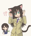  !? 2girls animal_ears arms_up black_hair blue_sweater_vest blush_stickers botamothitarte cat_ears cat_tail cat_teaser collared_shirt expressionless green_eyes kuroki_tomoko long_hair motion_lines multiple_girls necktie open_mouth pleated_skirt purple_necktie school_uniform shirt skirt surprised sweatdrop sweater_vest tail tamura_yuri upper_body watashi_ga_motenai_no_wa_dou_kangaetemo_omaera_ga_warui! white_background 