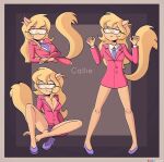  anthro bedroom_eyes blonde_hair breasts callie_briggs cleavage clothed clothing crossed_arms domestic_cat eyewear felid feline felis female fluffy fluffy_tail footwear glasses hair hanna-barbera high_heels keetydraws looking_at_viewer mammal mature_anthro mature_female narrowed_eyes necktie office_clothing one_shoe_on pink_clothing purple_clothing purple_high_heels purple_necktie purple_undergarments purple_underwear raised_hand seductive simple_background solo swat_kats tail tan_body underwear 