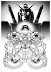  flying greyscale gundam gundam_thunderbolt highres looking_at_viewer mecha mobile_suit monochrome no_humans official_art ohtagaki_yasuo open_hands perfect_gundam_(thunderbolt) perfect_zeong_(thunderbolt) portrait robot science_fiction straight-on thrusters v-fin 