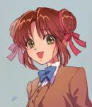  1girl blue_bow bow brown_hair brown_jacket double_bun fushigi_yuugi green_eyes hair_bun hair_ribbon highres jacket looking_at_viewer open_mouth pink_ribbon ribbon school_uniform solo upper_body yuuinami yuuki_miaka 