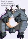 absurd_res anthro balls bear belly black_body bodily_fluids dialogue fur generation_6_pokemon genital_fluids genitals hi_res male mammal moobs nintendo overweight overweight_male pangoro pokemon pokemon_(species) rotten_owl simple_background solo traditional_media_(artwork) white_background white_body white_fur 