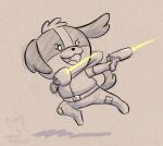  action_pose anthro belt bottomwear canid canine canis clothing corgi_(artist) dogs_in_space domestic_dog eyelashes fangs female floppy_ears hoodie laser laser_gun mammal nomi_(dogs_in_space) pants pose ranged_weapon shih_tzu smile solo teeth topwear toy_dog weapon 