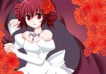 1girl bangs blue_gemstone breasts collarbone commentary_request cowboy_shot detached_sleeves dress drill_hair flower gem jewelry juliet_sleeves kasane_teto long_sleeves looking_at_viewer necklace open_mouth puffy_sleeves red_eyes red_flower red_hair red_rose romeo_to_cinderella_(vocaloid) rose short_hair small_breasts solo strapless suzunari_ayana twin_drills utau vocaloid white_dress white_sleeves 