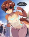  anthro belt blush bottomwear brown_body brown_eyes brown_fur brown_hair clothed clothing female flat_chested fur hair hi_res mammal mikhaila_kirov mustelid nipples otter pants solo tight_bottomwear tight_clothing tight_pants tsampikos wide_hips 