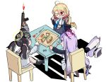  3girls absurdres animal_ears black_hair blonde_hair blue_archive blue_eyes blue_necktie blush_stickers boots chair chibi coat coat_on_shoulders collared_shirt dog_ears fishnets food from_above fur-trimmed_jacket fur_trim goggles goggles_on_head grape130319 gun hair_bobbles hair_ornament hibiki_(blue_archive) highres holding holding_gun holding_weapon hot_sauce jacket kotori_(blue_archive) low_twintails multiple_girls necktie off_shoulder one_eye_closed pizza pizza_slice purple_eyes purple_hair red_eyes semi-rimless_eyewear shadow shirt short_hair sig_sauer_mpx simple_background sitting skirt submachine_gun table twintails under-rim_eyewear utaha_(blue_archive) weapon white_background white_shirt white_skirt wrench 