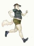  2020 anthro bodily_fluids borzoi bottomwear canid canine canis cettus clothed clothing domestic_dog exercise exercise_clothing footwear fur hi_res hunting_dog jogging male mammal overweight overweight_anthro overweight_male running shirt shoes shorts sighthound simple_background socks solo sweat sweat_stain topwear white_background white_body white_fur 