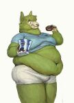 2020 alpaca anthro bag belly big_belly briefs camelid cettus clothed clothing dessert doughnut food fur green_body green_fur hi_res holding_food holding_object licking licking_lips looking_at_object male mammal midriff moobs obese obese_anthro obese_male overweight overweight_anthro overweight_male shirt simple_background smile solo standing tongue tongue_out topwear underwear white_background 
