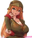  1girl amania_orz bangs breasts cleavage copyright_request dated green_eyes hair_between_eyes hand_up helmet highres large_breasts long_hair long_sleeves open_mouth orange_hair simple_background solo star_(symbol) twitter_username upper_body white_background 