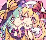  2girls bangs black_headwear blonde_hair bow cheek-to-cheek closed_mouth commentary flandre_scarlet green_hair hands_up hat hat_bow heads_together heart heart-shaped_pupils komeiji_koishi kyouda_suzuka long_hair looking_at_viewer mob_cap multiple_girls one_eye_closed pink_bow red_bow red_eyes shirt short_sleeves smile symbol-shaped_pupils third_eye touhou upper_body white_shirt yellow_bow yellow_shirt 