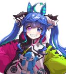  1girl @_@ ahoge animal_ears bangs blue_eyes blue_hair blush crossed_bangs grin hood hood_down hoodie horse_ears long_sleeves looking_at_viewer pink_eyes sharp_teeth simple_background smile solo stuffed_animal stuffed_rabbit stuffed_toy teeth tenten_(chan4545) twin_turbo_(umamusume) twintails umamusume upper_body white_background 