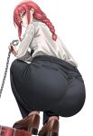  1girl absurdres ass bangs black_pants blush braid braided_ponytail brown_footwear chain chainsaw_man closed_mouth collar highres holding long_hair looking_at_viewer makima_(chainsaw_man) medium_hair pants red_collar red_hair shirt shirt_tucked_in shocho shoes simple_background smile solo squatting white_background white_shirt yellow_eyes 