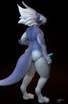  2022 3d_(artwork) absurd_res anthro blender_(software) blue_penis butt digital_media_(artwork) efoav erection eyeless fingers genitals hair hi_res holding_object male multicolored_body nude penis poldy rear_view scalie simple_background solo tail tendrils thick_thighs 
