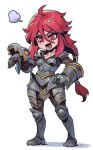  1girl ahoge armor armored_boots blush boots breasts brown_gloves collarbone fangs full_armor full_body gauntlets gloves hair_between_eyes league_of_legends long_hair lower_teeth_only open_mouth phantom_ix_row ponytail red_eyes red_hair shoulder_plates shyvana small_breasts solo standing teeth transparent_background 