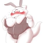  2023 alphys alpi anthro big_breasts blush bodily_fluids breasts bunny_costume clothing costume embarrassed eyewear fake_ears fake_rabbit_ears female glasses lizard overweight overweight_anthro overweight_female reptile scalie solo spot_color sweat sweaty_breasts undertale undertale_(series) wardrobe_malfunction zipper 